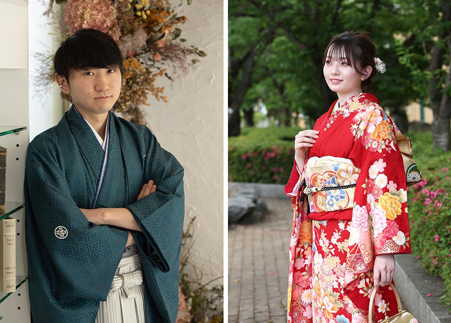 羽織袴姿の成人男性と、振袖を着て自然光の中撮影をする成人女性の写真